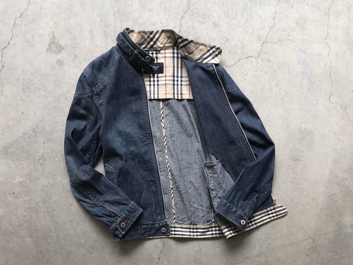 BURBERRY BLACK LABEL ノバチェック柄切り替え デニム スイングトップ M 三陽商会 メンズ ブルゾン G-9 ハリントンジャケット ホース刺繍