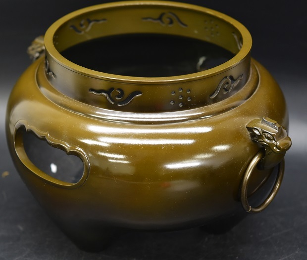 HY4-35 長期保管品 鋳師 金森栄寿造 唐銅 鬼面風炉 平丸釜添 風炉釜