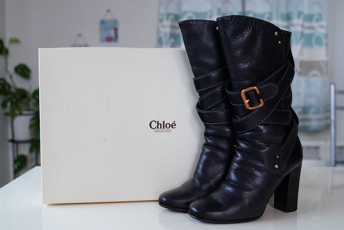 Chloe クロエ パディントン ミドルブーツ 36 (約23cm) 黒 ブラック レザー 本革 ロングブーツ 9.5cmヒール 