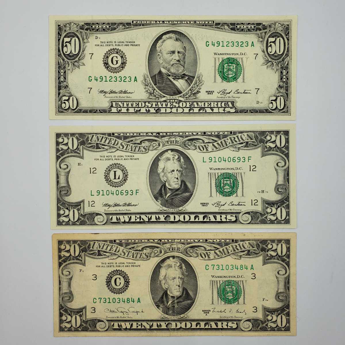 旧ドル札 計90ドル 50ドル×1枚 20ドル×2枚 アメリカ紙幣 米札 米紙幣 