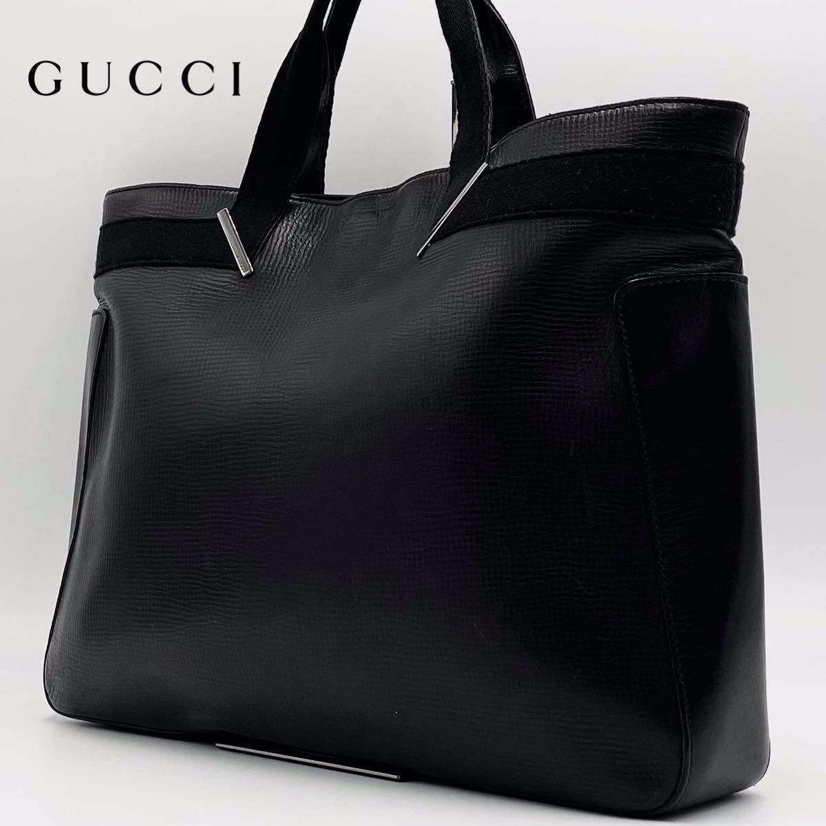 1円〜 未使用級 GUCCI グッチ メンズ トートバッグ ハンド ビジネス 手持ち 肩掛けGG ロゴ シルバー金具 レザー 本革 カーフ A4 通勤 黒_画像1