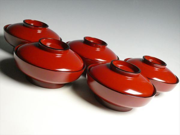 k547 高級漆器 天然木 漆塗 朱塗 縁黒 多用椀 煮物椀 蓋付椀 五客