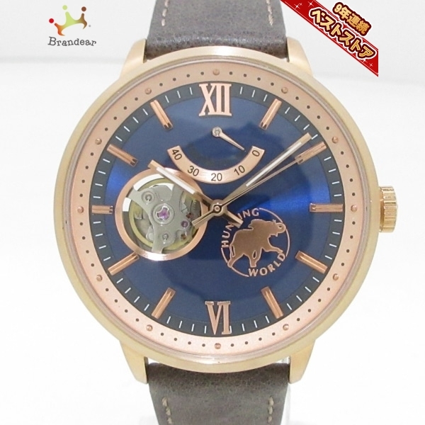 高品質の人気 ビートエモーション 腕時計■美品 WORLD(ハンティングワールド) HUNTING HW501 ブルー 裏スケ/革ベルト メンズ ハンティング・ワールド