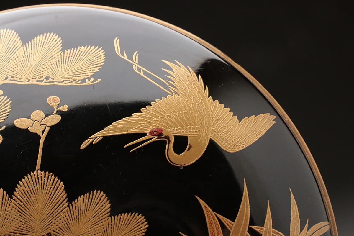 ZK625 時代物 黒漆塗 松竹梅鶴亀金蒔絵鏡箱 外径14.2cm 重165g・歳寒