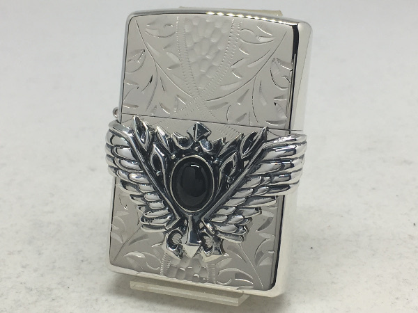 送料無料 ZIPPO[ジッポー]銀ミラー ハンドカット ウィングメタル オニキス_画像1