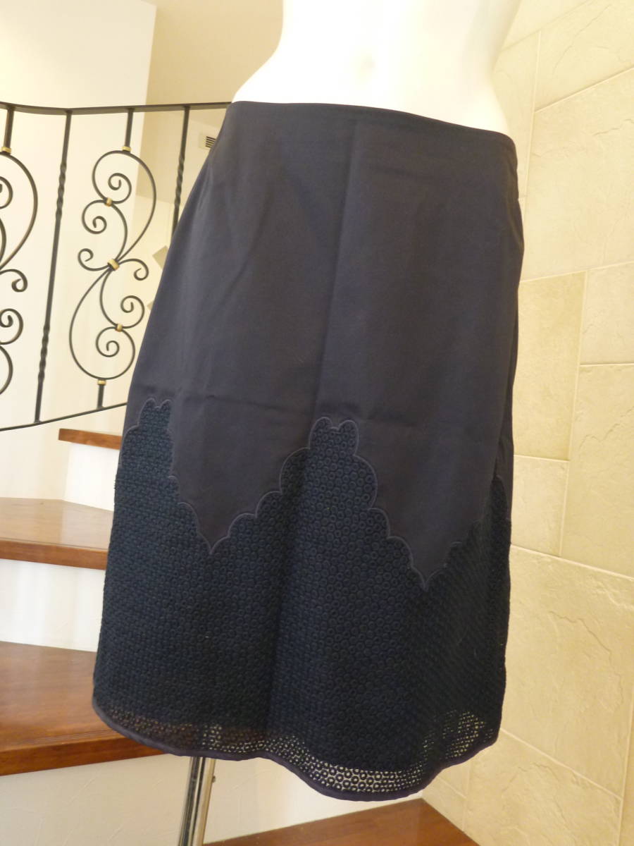 2.8万 新品 BRIGITTE　ブリジット★紺ネイビー　裾刺繍　スカート　11　L相当