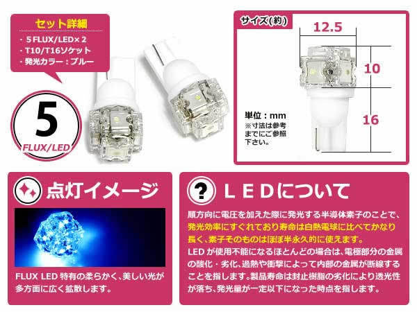 メール便送料無料 LED ポジション球 プリメーラ P11 スモールランプ T16 ブルー 青 T10 5連 FLUX LEDバルブ_画像2