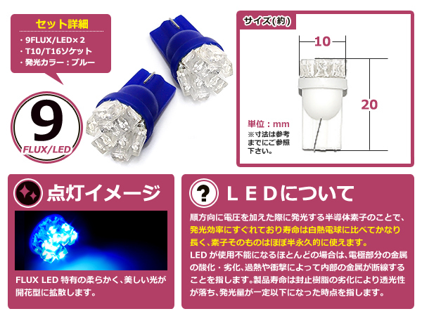 メール便送料無料 LED ナンバー灯 アルト クラシック H#22系 ナンバー球 ブルー 青 T10 9連 FLUX ライセンスランプ_画像2