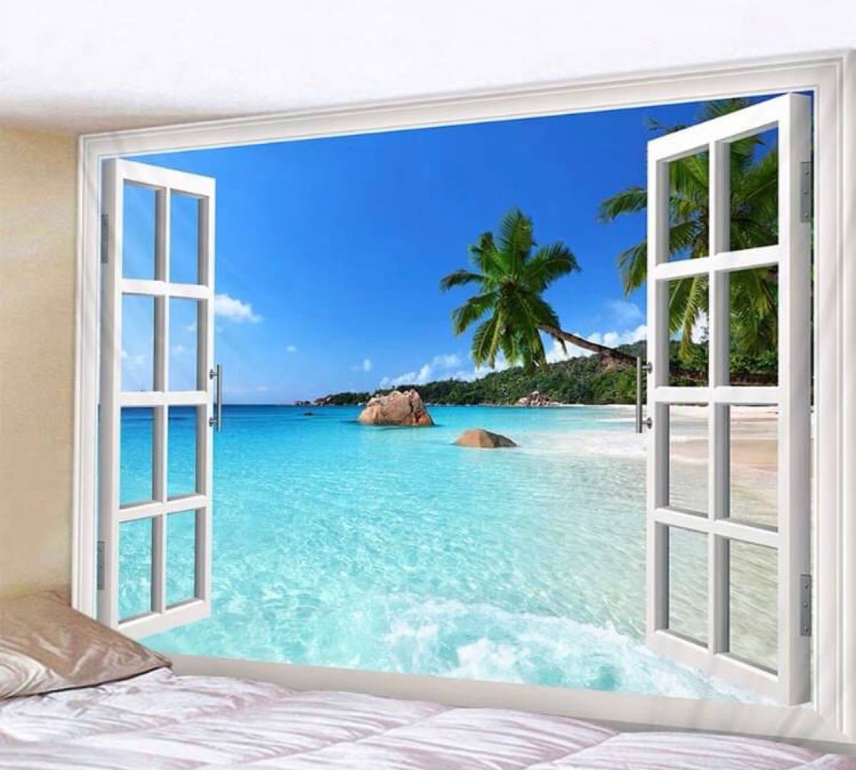 Paypayフリマ 新品 壁掛けタペストリー 壁飾り 窓 青い海 ヤシの木 リビング ベッドルーム