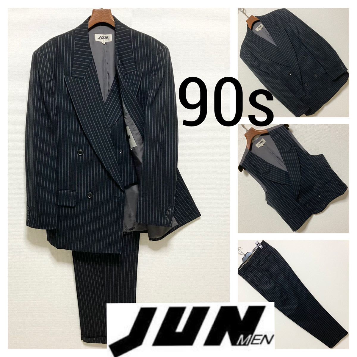 90s◆JUN MEN ジュンメン◆ダブル 3ピース セットアップ スーツ L 濃紺 マルチストライプ 菅田将暉スタイル オールド ヴィンテージ 日本製