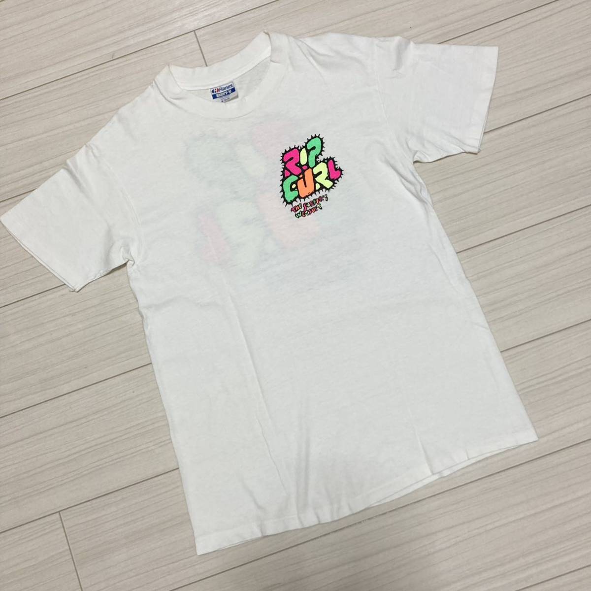 90s USA製◆RIP CURL リップカール◆ネオンカラー デカロゴTシャツ M 白 ホワイト 蛍光カラー サーフィン サーファー Hanes MADE IN USA_画像5