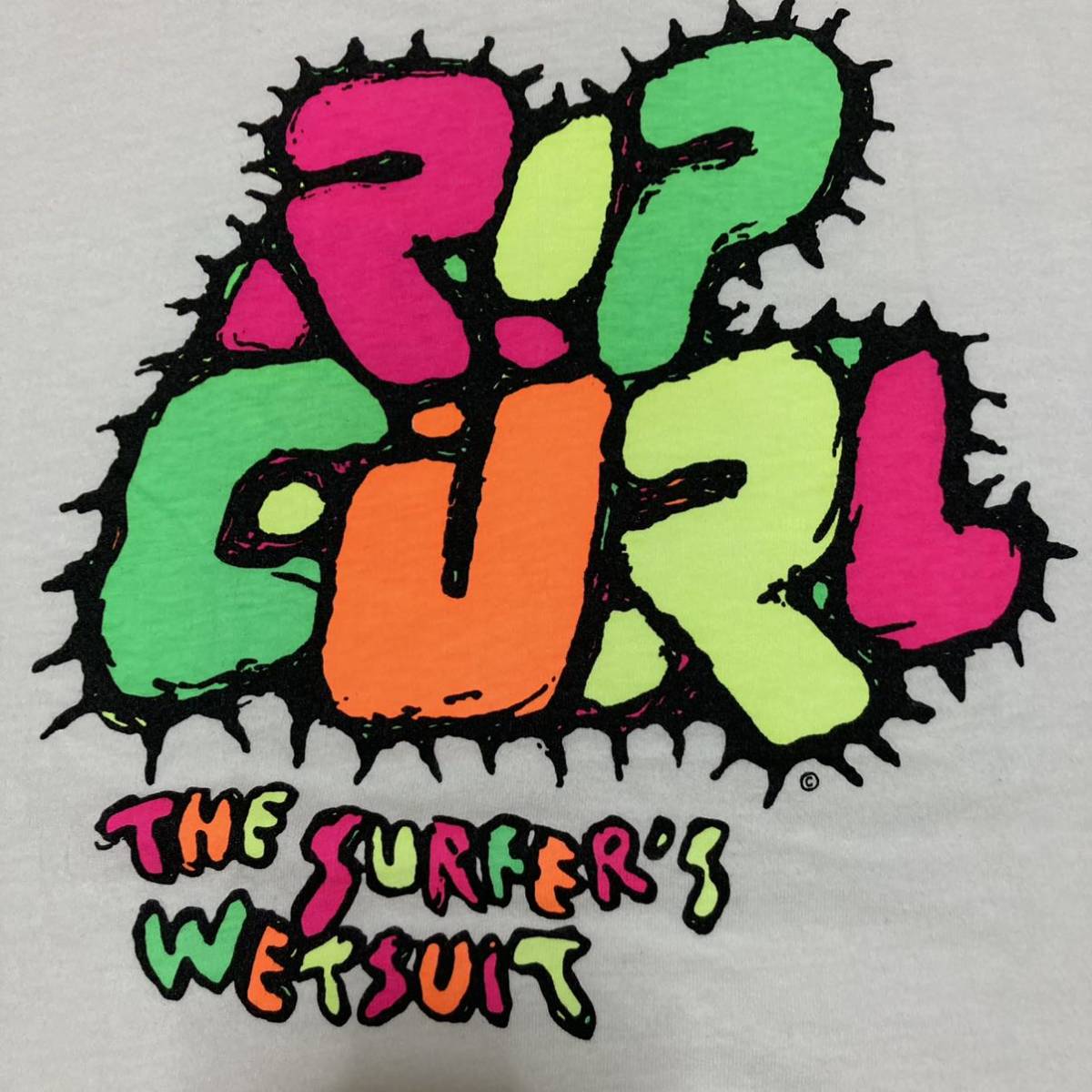 90s USA製◆RIP CURL リップカール◆ネオンカラー デカロゴTシャツ M 白 ホワイト 蛍光カラー サーフィン サーファー Hanes MADE IN USA_画像8