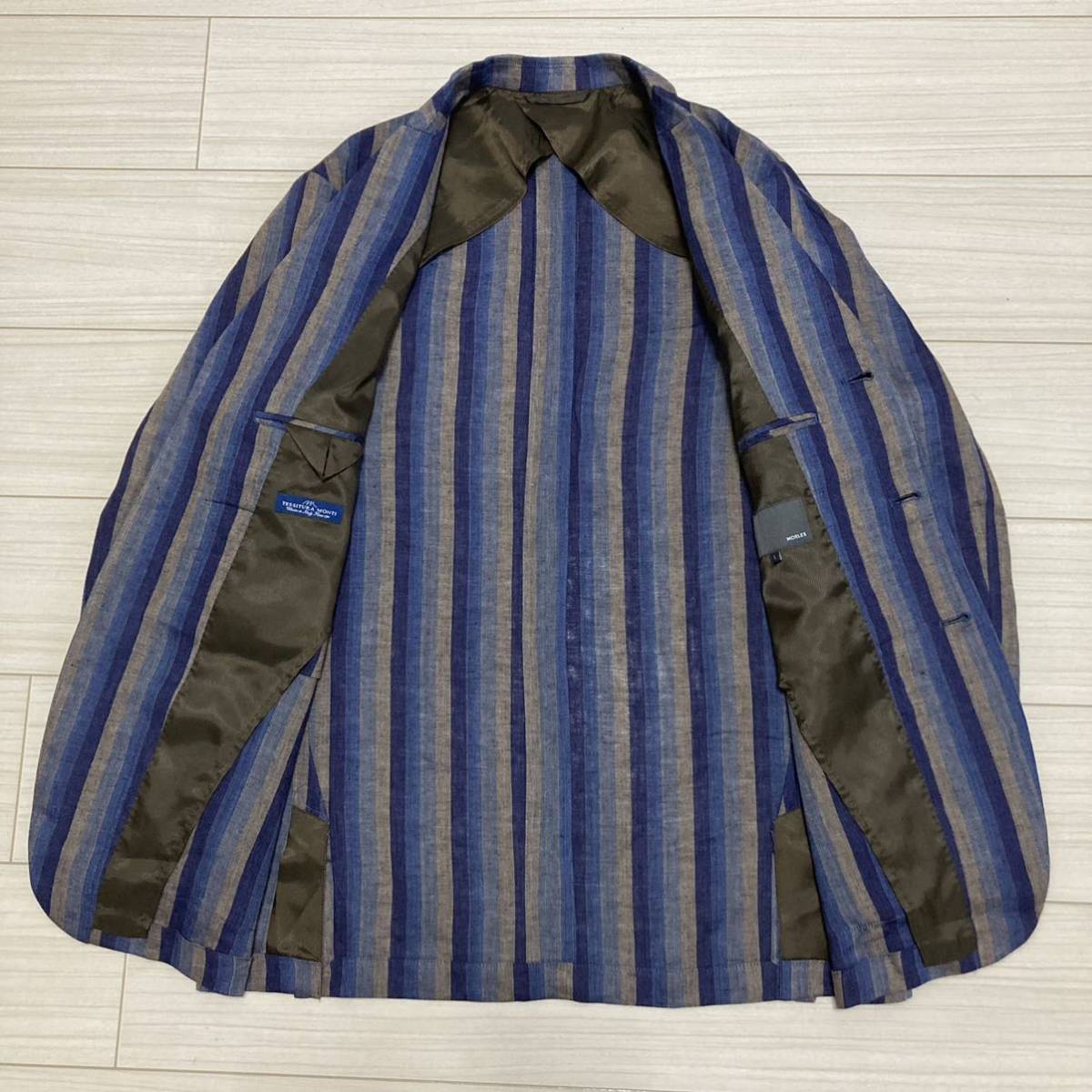 クマパック MORLES ジャケット 麻100% 濃紺 の通販 by ポン助 s shop|ラクマ ジャケット MORLES ベルトレスパンツ ネイビー ストライプ