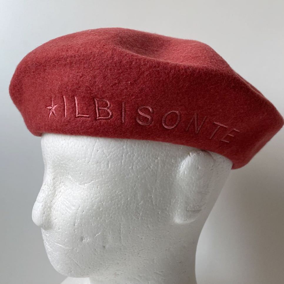 イルビゾンテ ベレー帽 レザーパッチ ロゴ刺繍 くすみレッドピンク 未使用 フリーサイズ_画像2