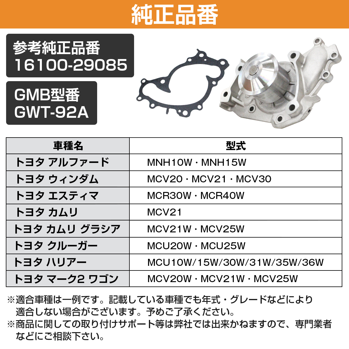 新品 ウォーターポンプ ガスケット付き トヨタ MCU35W/MCU36W 30系 ハリアー 16100-29085 GWT-92A_画像6