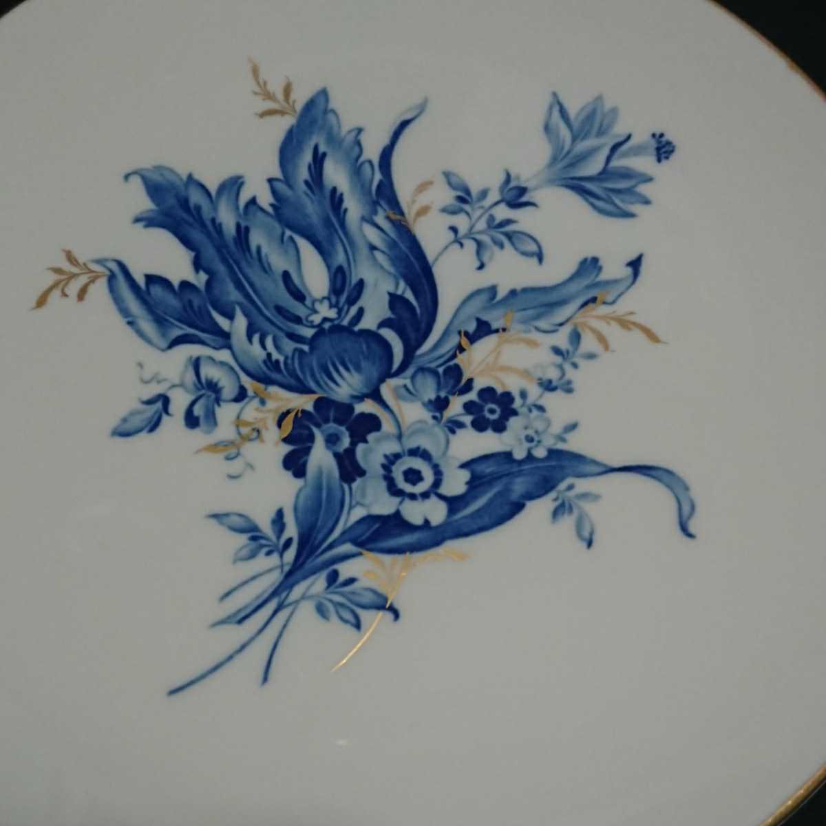 美品◇マイセン 絵皿 飾り皿 19cm 金彩 ブルーフラワー チューリップ