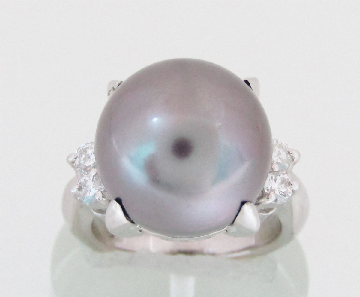 Pt900 大珠 14㎜ タヒチ産 ブラックパール 南洋黒蝶 真珠 ダイヤモンド 