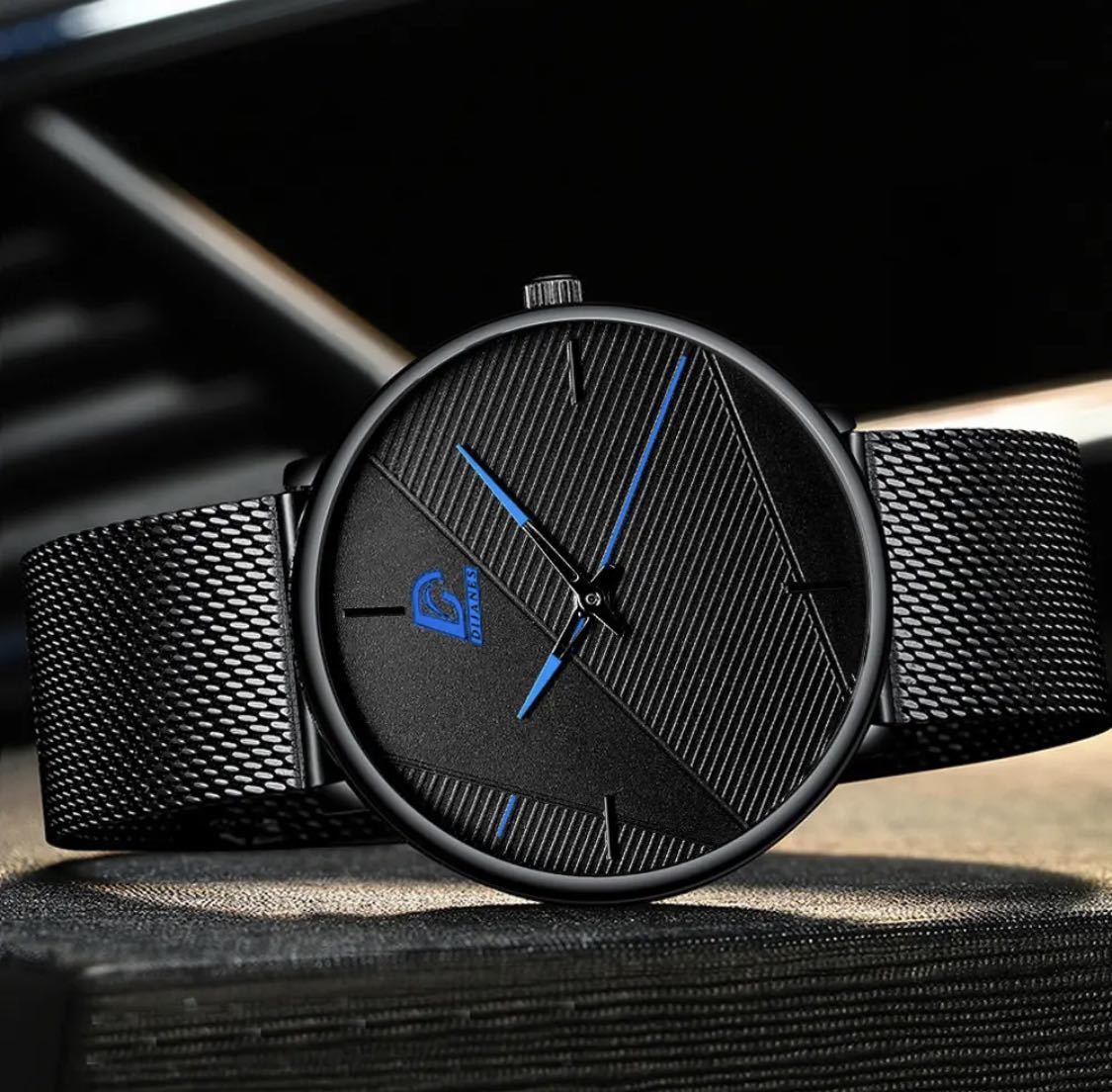 腕時計 男性 超薄型 ステンレス鋼 ステンレスベルト クォーツ腕時計 ブルー_画像2