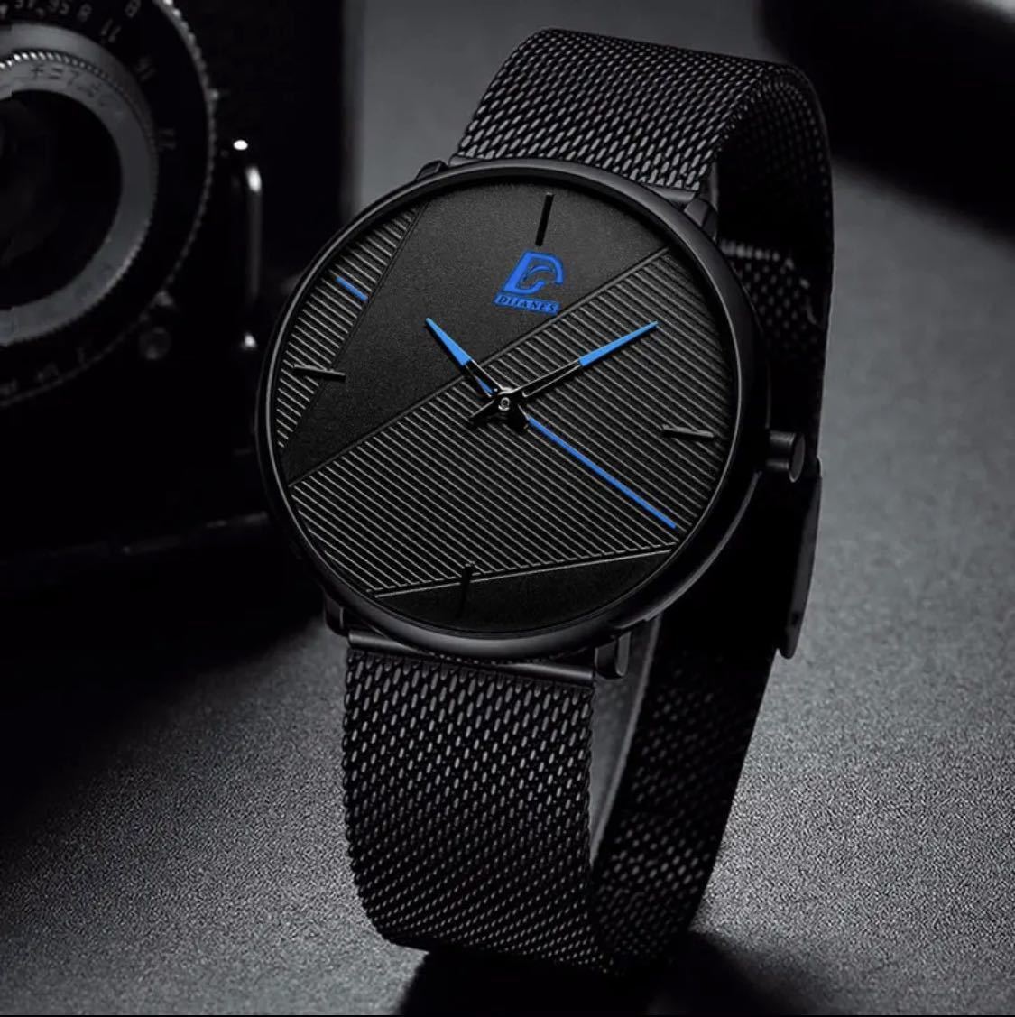 腕時計 男性 超薄型 ステンレス鋼 ステンレスベルト クォーツ腕時計 ブルー_画像1