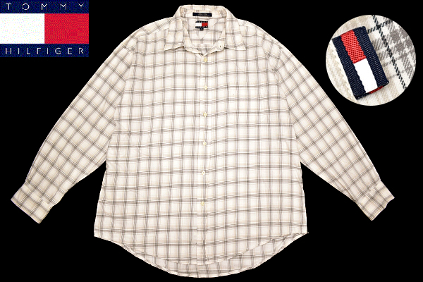 Y-3344★送料無料★TOMMY HILFIGER トミーヒルフィガー★通年使えます ロゴ ホワイト白色 チェック 長袖 シャツ ＸＬ_画像1