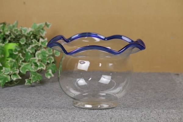 金魚鉢 ガラス製 青フチ アンティーク レトロ_画像1