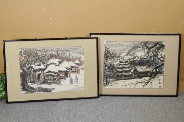 水彩画2点セット 農村の風景他