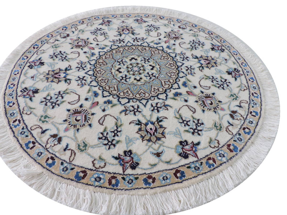 ペルシャ絨毯 手織り 丸形 カーペット ラグ ウール100％ ペルシャ絨毯の本場 イラン ナイン産 円形 直径80cm 本物保証 直輸入_画像2