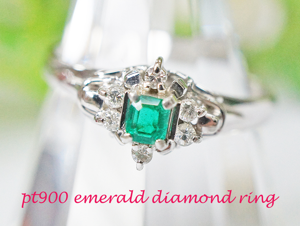 Pt900 emerald diamond diamond ring size [17] platinum 4.25g [ diamond ][ free shipping ]