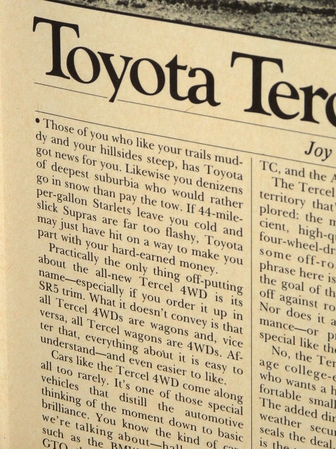 1983年 USA 洋書雑誌記事 額装品 Toyota Tercel 4WD SR5 トヨタ ターセル (A4size) / 検索用 店舗 ガレージ ディスプレイ 看板 装飾 雑貨_画像4