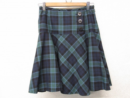 k5288：ヨークランドYorklandチェック柄フレアスカート9ARひざ上スカート/紺緑/日本製/チェック商会：35_画像1