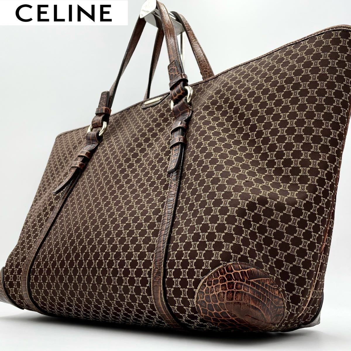 1円【美品】CELINE セリーヌ メンズ トートバッグ ビジネスバッグ パリマカダム クロコ型押し ブリーフケース ダークブラウン キャンバス_画像1