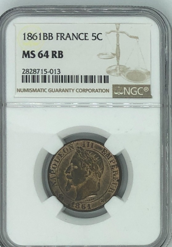 期間限定特別価格 1861年 フランス ナポレオン3世 5セント NGC MS64RB #122596 ヨーロッパ