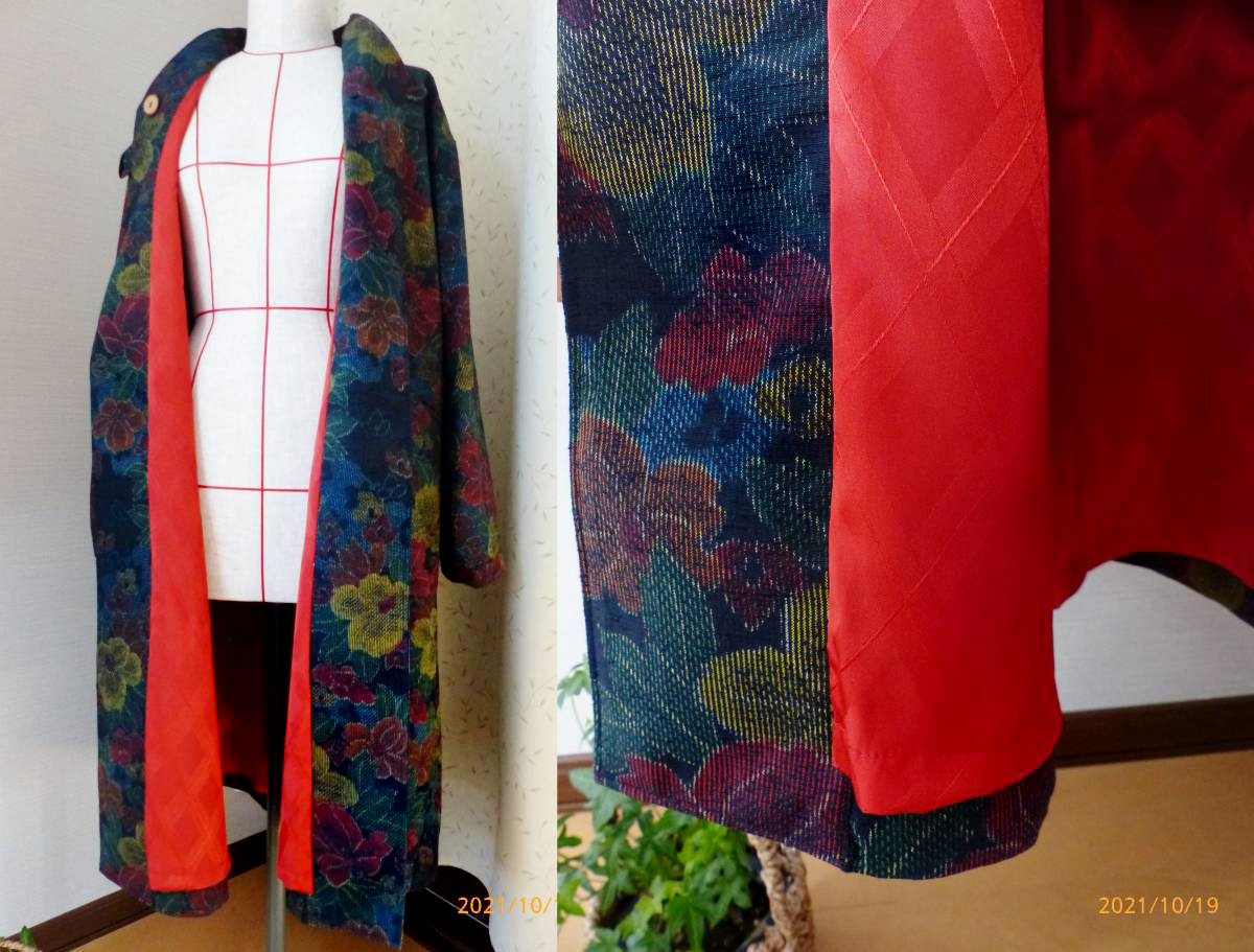  black ground . flower pattern .. collar. long coat total reverse side attaching L pongee silk kimono remake hand made 