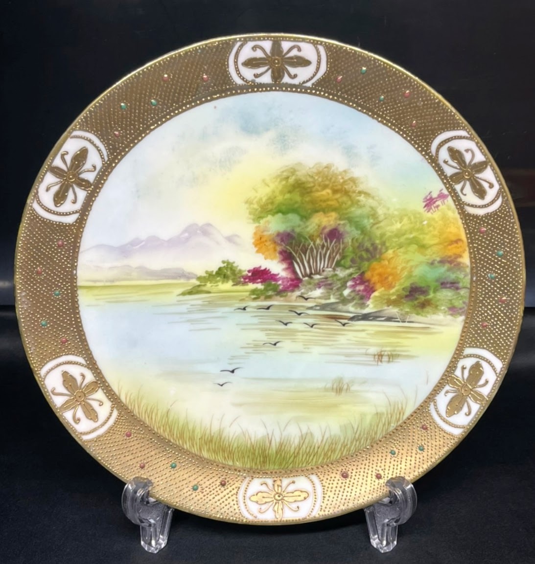 オールドノリタケ 金点盛り湖畔風景文飾り皿 ジュエル プレート