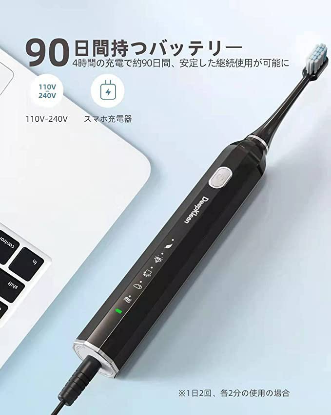 電動歯ブラシ超音波　USB充電式 防水 8本替えブラシ 収納ケース付　ブラック