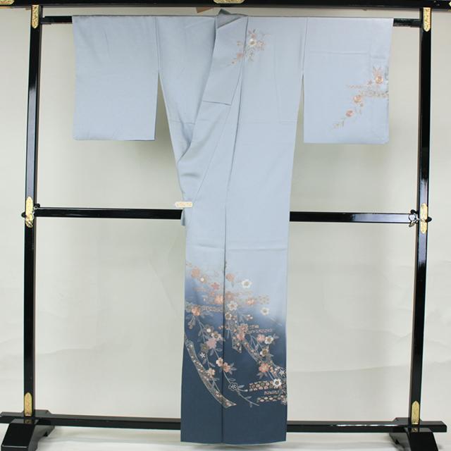 【Yy】訪問着 160cm 白ブルー系蘇州汕頭手刺繍AB3521 _画像2