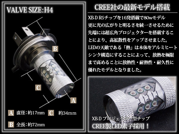 【1球】 CREE製XB-D LED H4 Hi/Lo 80W 12V/24V ホワイト 白 フォグランプ LED球 LEDバルブ フォグ ヘッドライト_画像2