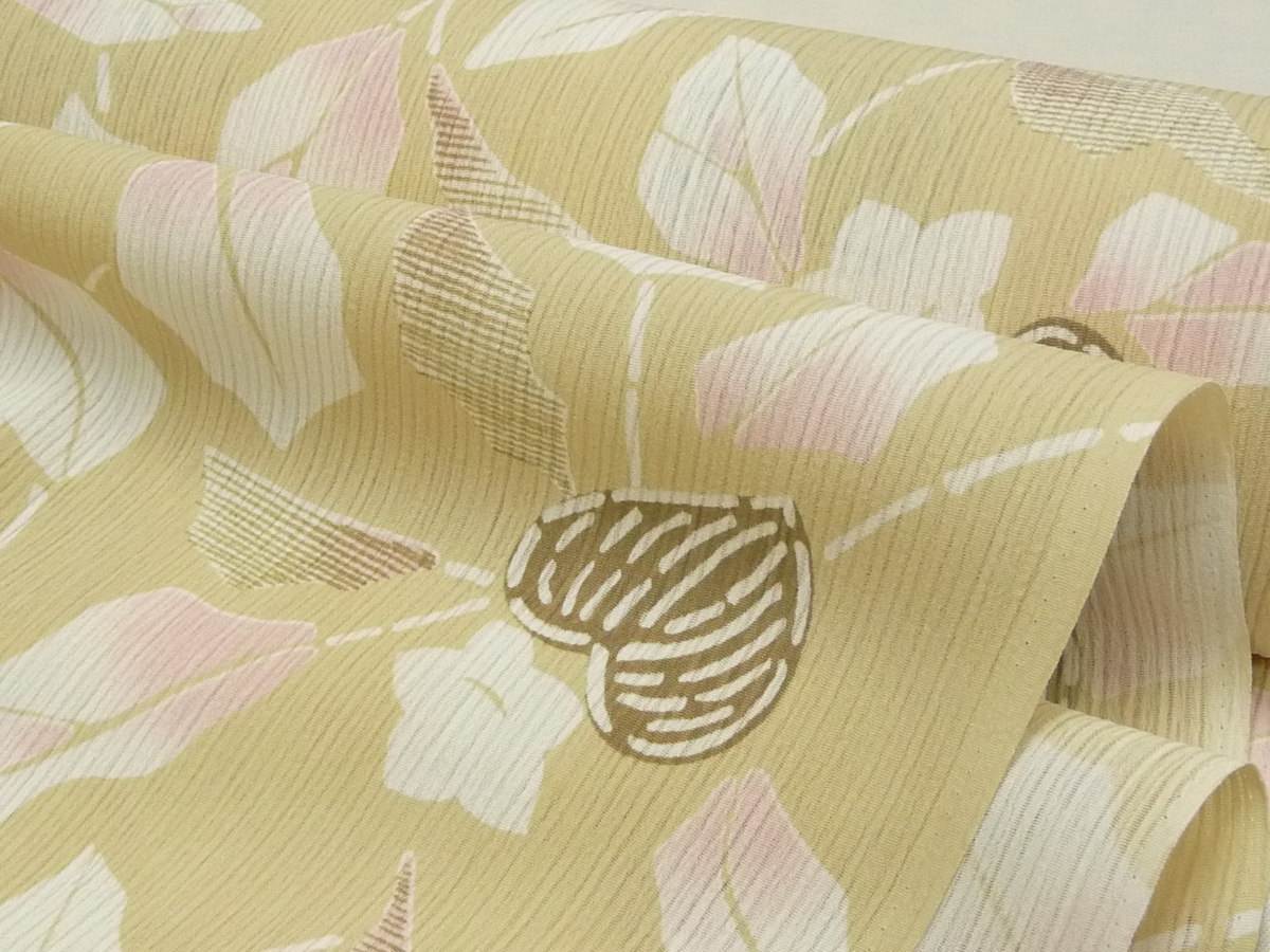 まゆの四季/新品/ポリエステル浴衣ゆかた/小紋/単衣/夏用/19-2縮ちぢみ-酸漿ほおずき鬼灯-ベージュ_画像6