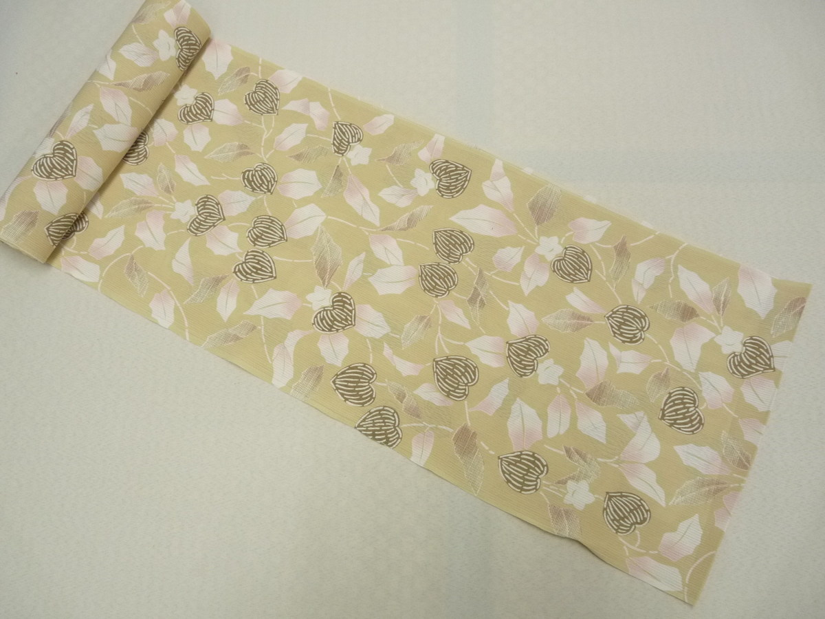 まゆの四季/新品/ポリエステル浴衣ゆかた/小紋/単衣/夏用/19-2縮ちぢみ-酸漿ほおずき鬼灯-ベージュ_画像1