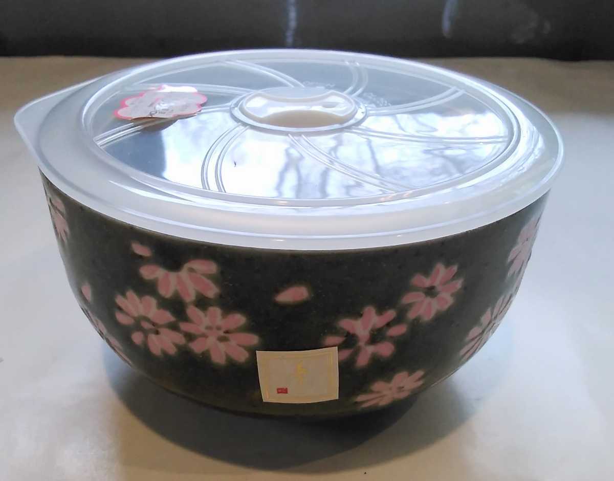 竹久夢二 ◆丼型 鉢 フタ付き 陶器◆深緑色　桃色花　重厚　未使用_画像1