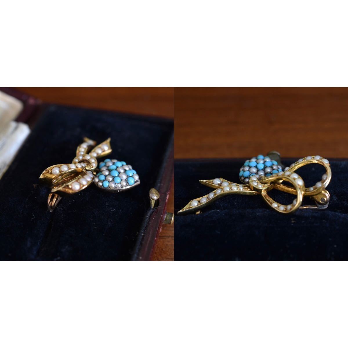  Britain antique 19 century Victoria nK15si-do pearl . turquoise. ribbon Heart brooch so-ting memory attaching 