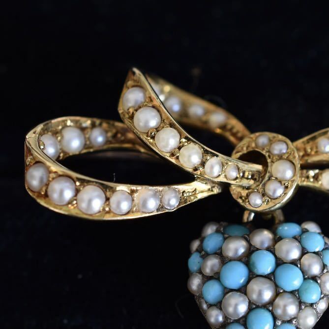  Britain antique 19 century Victoria nK15si-do pearl . turquoise. ribbon Heart brooch so-ting memory attaching 