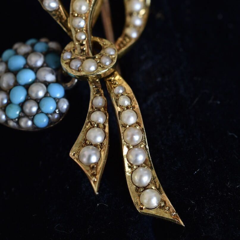  Britain antique 19 century Victoria nK15si-do pearl . turquoise. ribbon Heart brooch so-ting memory attaching 