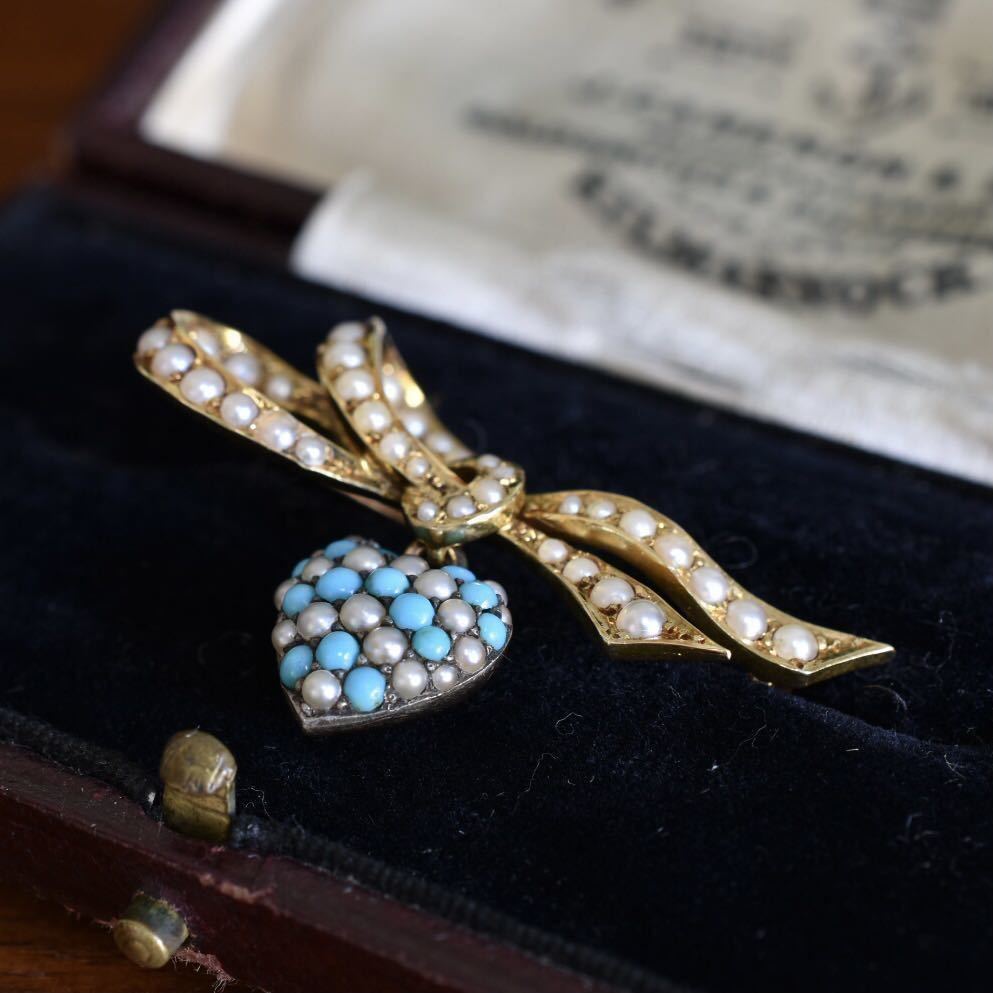  Britain antique 19 century Victoria nK15si-do pearl . turquoise. ribbon Heart brooch so-ting memory attaching 