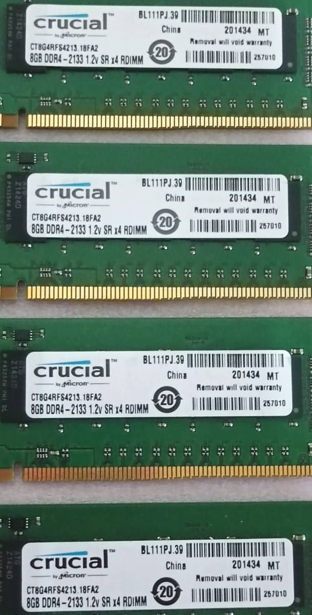 ◎Crucial CT8G4RFS4213.18FA2 4枚セット PC4-17000/DDR4-2133 Micronチップ ECC  REG/Registered 288Pin DDR4 RDIMM 32GB(8GB x4)