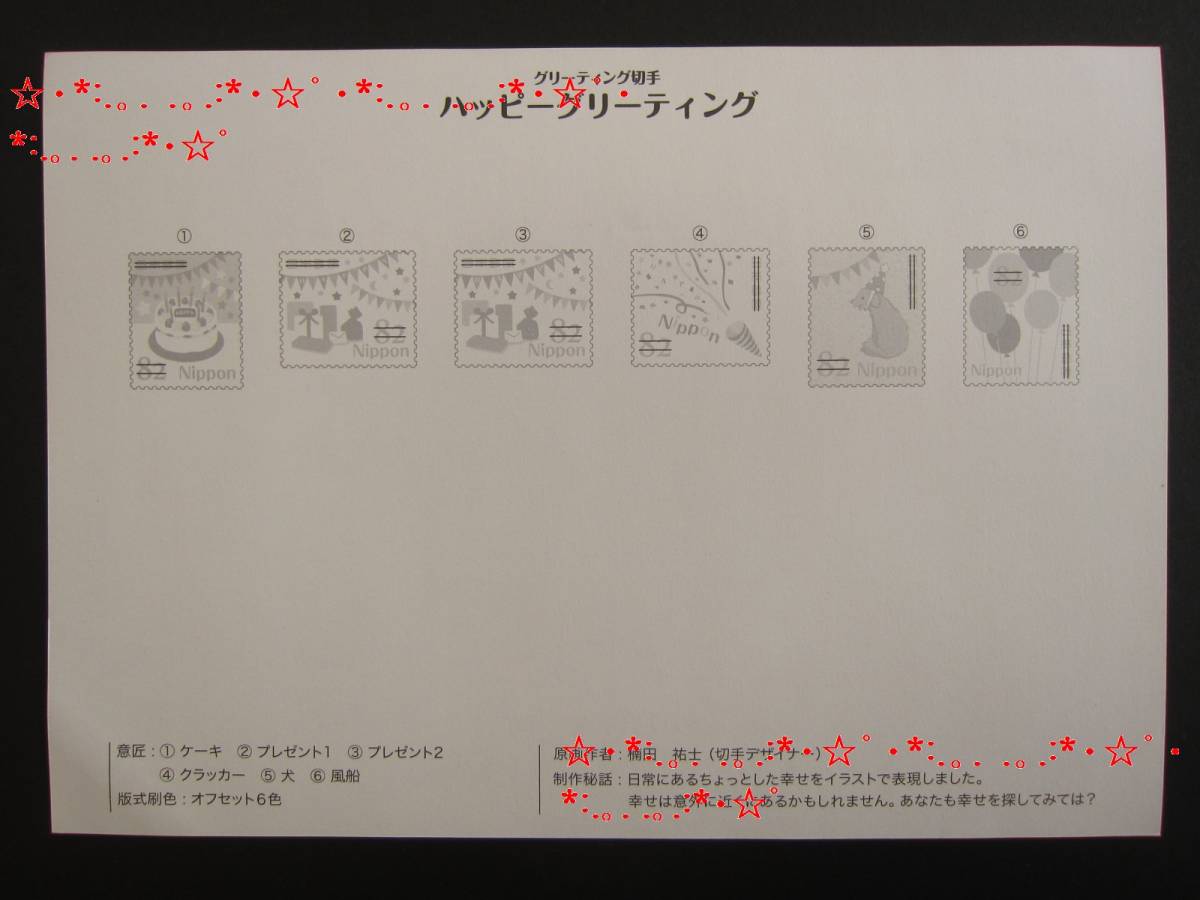 【解説書のみ】ハッピーグリーティング 82円切手シート 解説書★新品未使用★2017/11/22★犬 ケーキ 風船 クラッカー プレゼント★楠田祐士_画像2