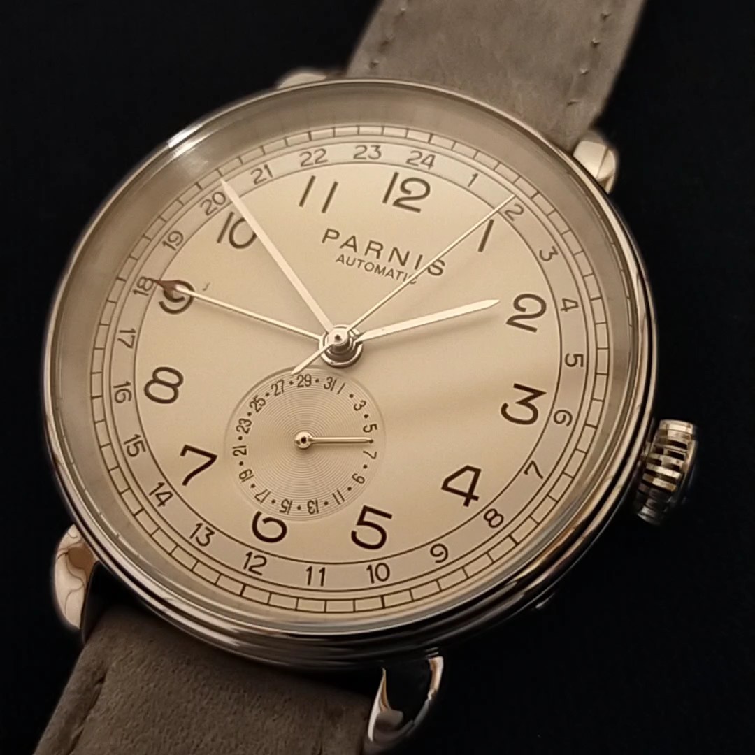 【seagull搭載!!新品】parnis アンティーク ミリタリー GMT カモメ 裏スケ 自動巻き 生成文字盤/グレーレザー