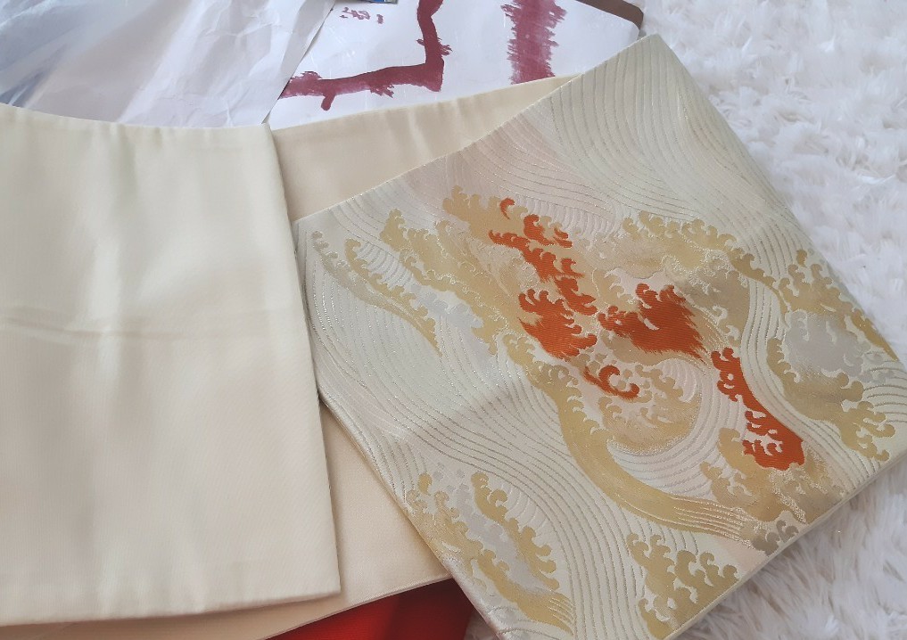 袋帯 金刺繍 波 正絹 金銀糸 絹織物 袋帯 金刺繍 波 正絹 金銀糸 絹織物