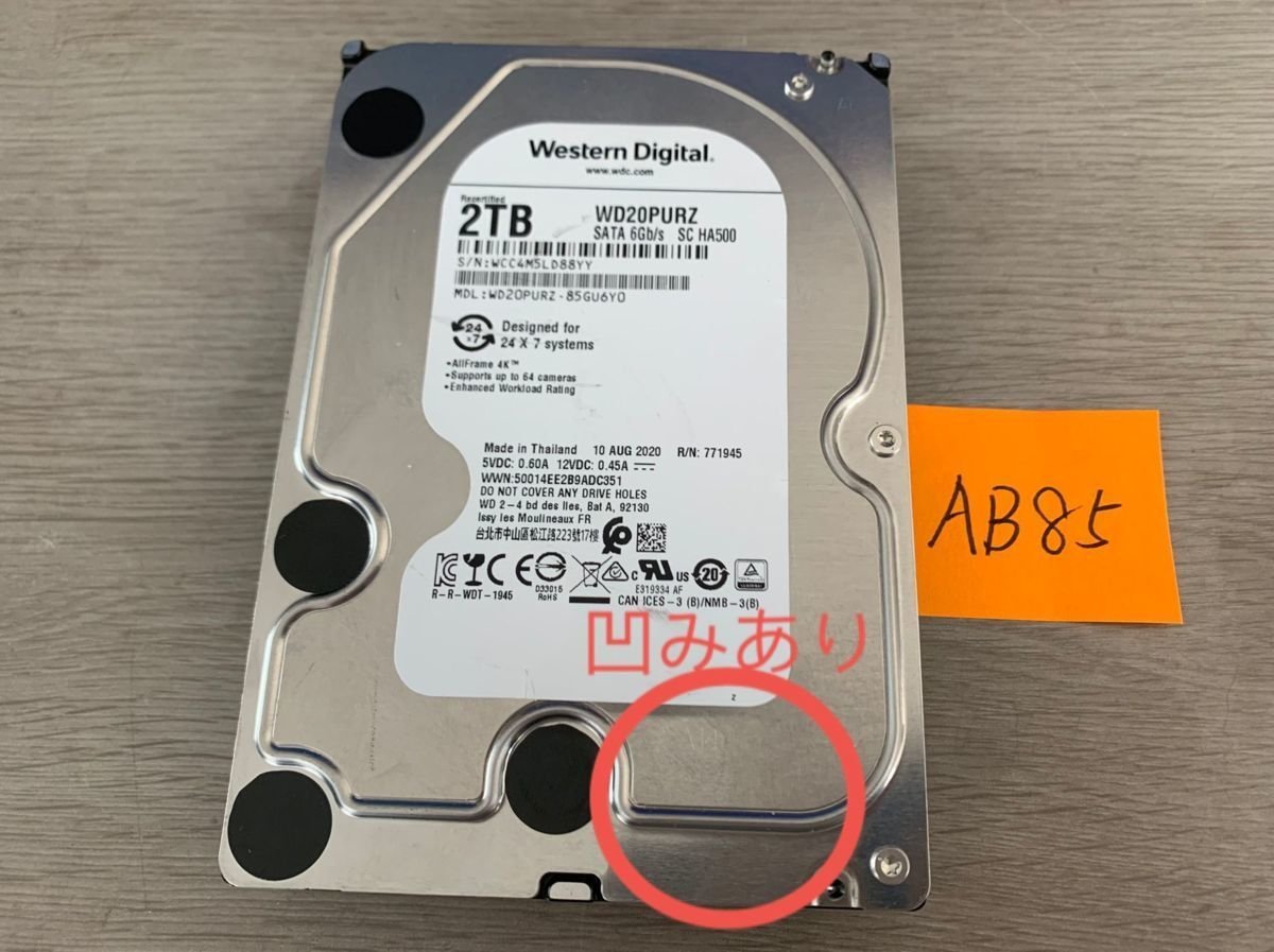 送料無料「注意」ジャンク品 WD20PURZ-85GU6Y0 HDD 2TB 3.5インチ SATA HDD2TB使用時間7894H★AB85の画像1