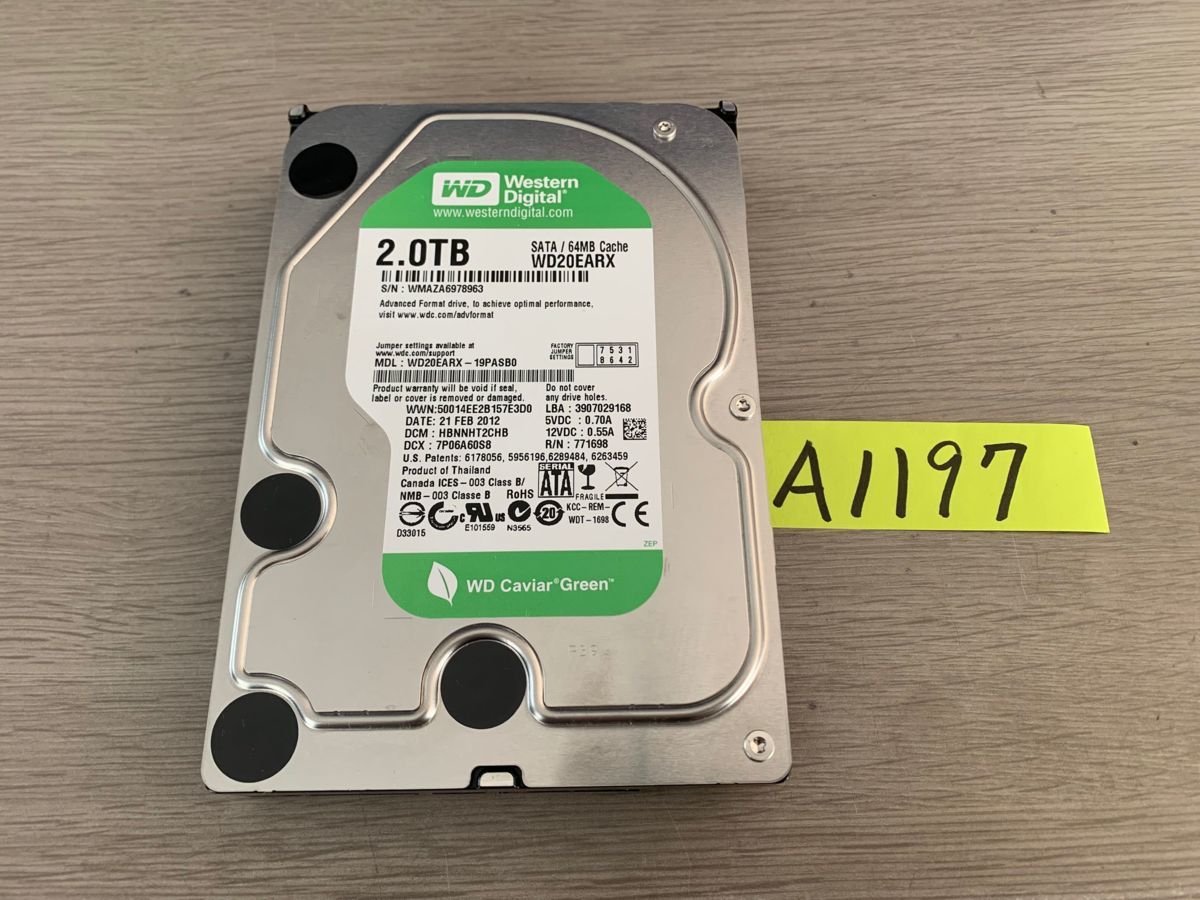 送料無料 WD20EARX HDD Green Power 2TB 3.5インチ SATA HDD2TB 使用時間6193H★A1197_画像1